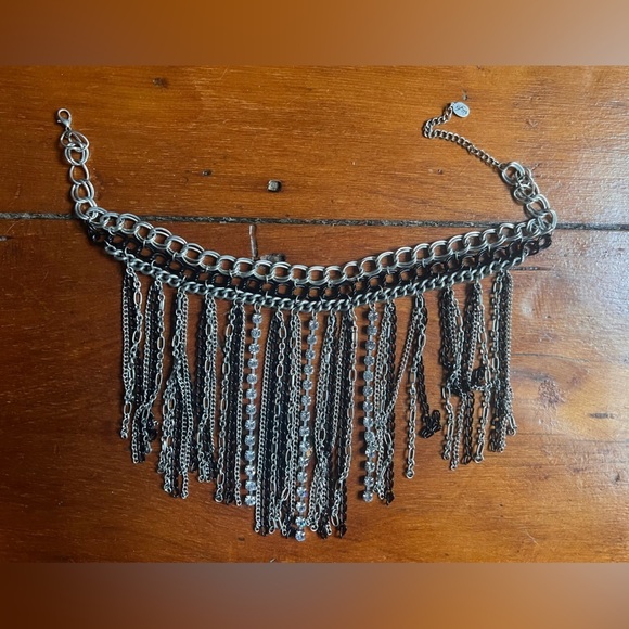 Women’s choker chain link sequin waterfall necklace rhinestone black silver - Picture 2 of 4